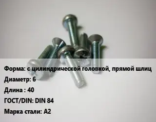 Винт с цилиндрической головкой, прямой шлиц 6х40 DIN 84 Сталь: A2